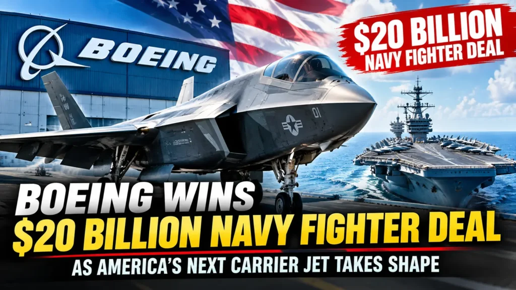 Boeing’s next-generation U.S. Navy carrier fighter jet on an aircraft carrier deck after a $20 billion contract win.