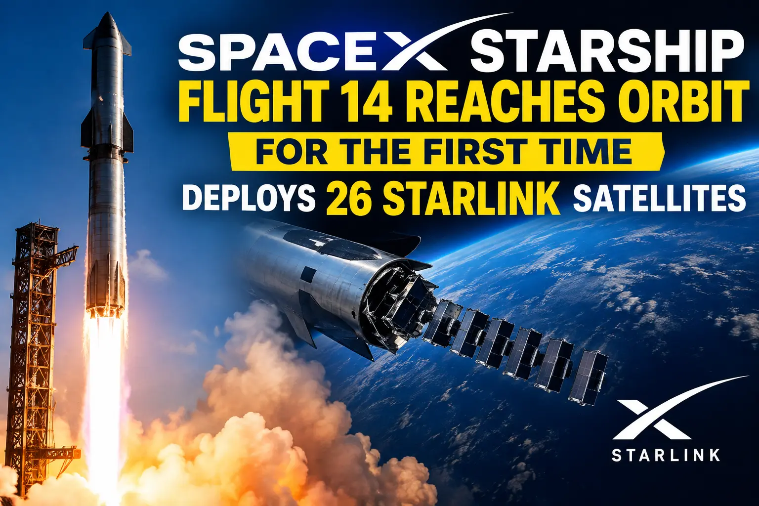 SpaceX Starship Flight 14 Reaches Orbit for the First Time, Deploys 26 Starlink Satellites