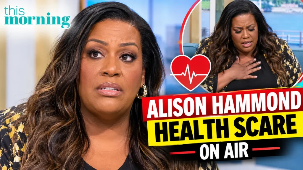 Alison Hammond on the This Morning set during a live broadcast after a reported heart-related health scare.