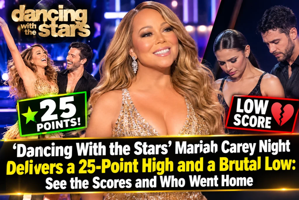 Dancing With the Stars Mariah Carey Night featuring celebrity dancers, judges, and scorecards showing a 25-point high and a low score before an elimination.