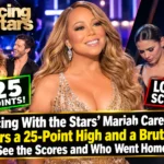 Dancing With the Stars Mariah Carey Night featuring celebrity dancers, judges, and scorecards showing a 25-point high and a low score before an elimination.
