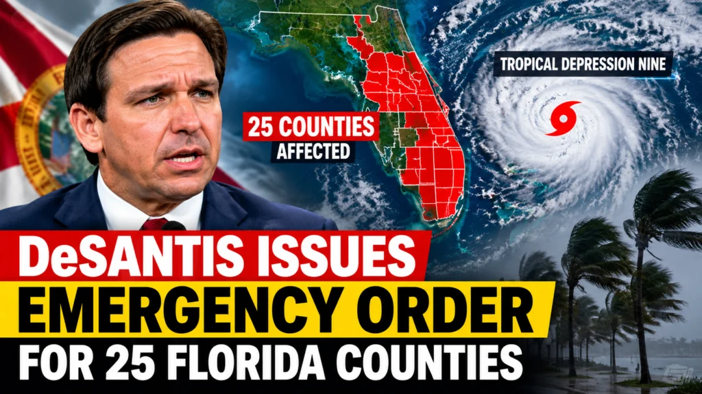 Ron DeSantis announces an emergency order for 25 Florida counties as Tropical Depression Nine forms.