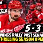 Detroit Red Wings captain Dylan Larkin celebrates a goal during the team’s 5–3 season-opening win over the Ottawa Senators.