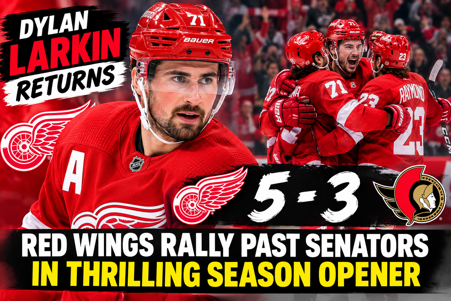 Detroit Red Wings captain Dylan Larkin celebrates a goal during the team’s 5–3 season-opening win over the Ottawa Senators.