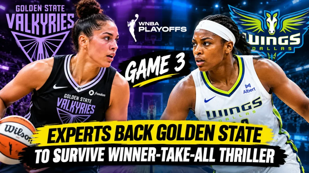 Golden State Valkyries and Dallas Wings players competing in an intense winner-take-all Game 3 WNBA playoff matchup.