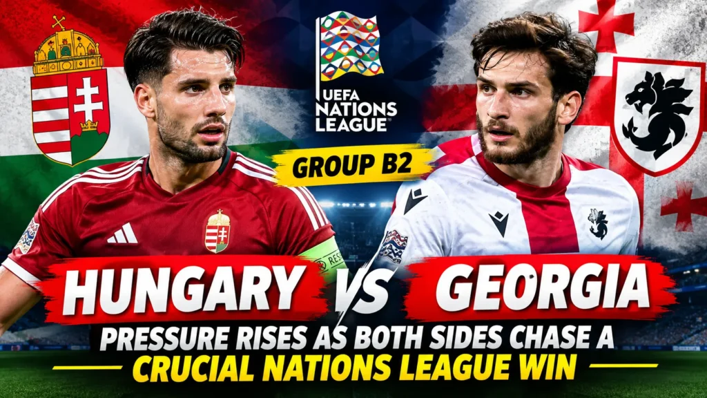 Hungary and Georgia players competing in a tense UEFA Nations League Group B2 football match