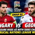 Hungary and Georgia players competing in a tense UEFA Nations League Group B2 football match