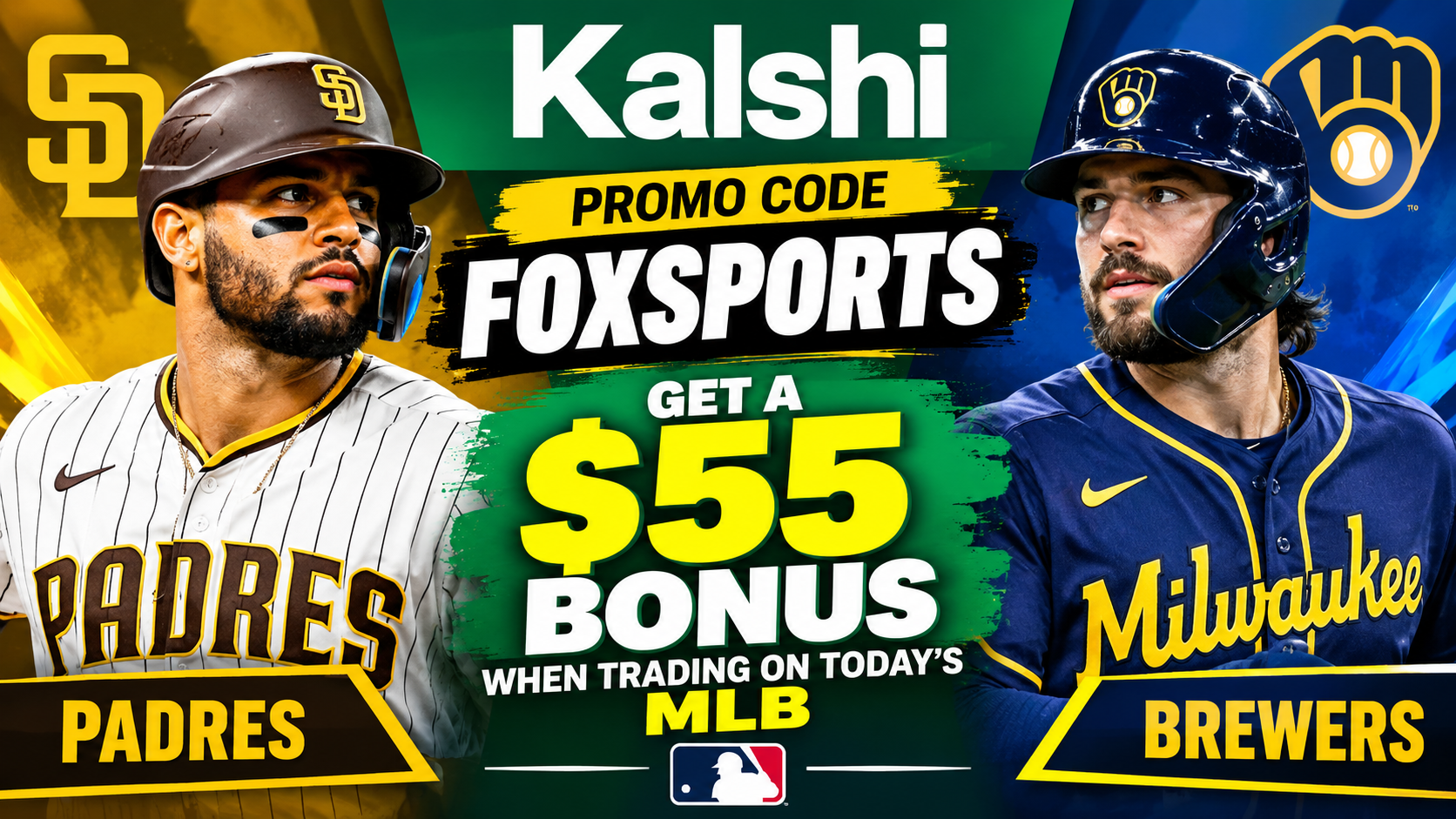 Kalshi promo code FOXSPORTS offers a $55 bonus for trading on the Padres vs. Brewers MLB game.