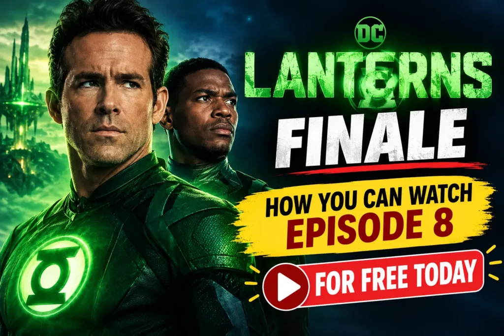 Lanterns Episode 8 finale promotional image featuring the main characters and a glowing green lantern against a dark background.