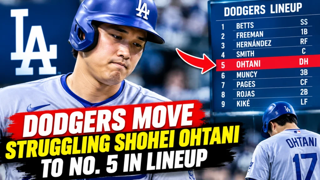 Shohei Ohtani batting for the Los Angeles Dodgers after being moved to the No. 5 spot in the lineup.