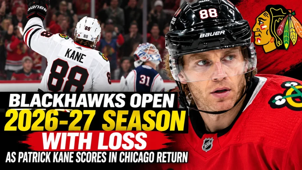 Patrick Kane celebrates after scoring against the Chicago Blackhawks during his return to Chicago in the 2026–27 NHL season opener.