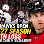 Patrick Kane celebrates after scoring against the Chicago Blackhawks during his return to Chicago in the 2026–27 NHL season opener.
