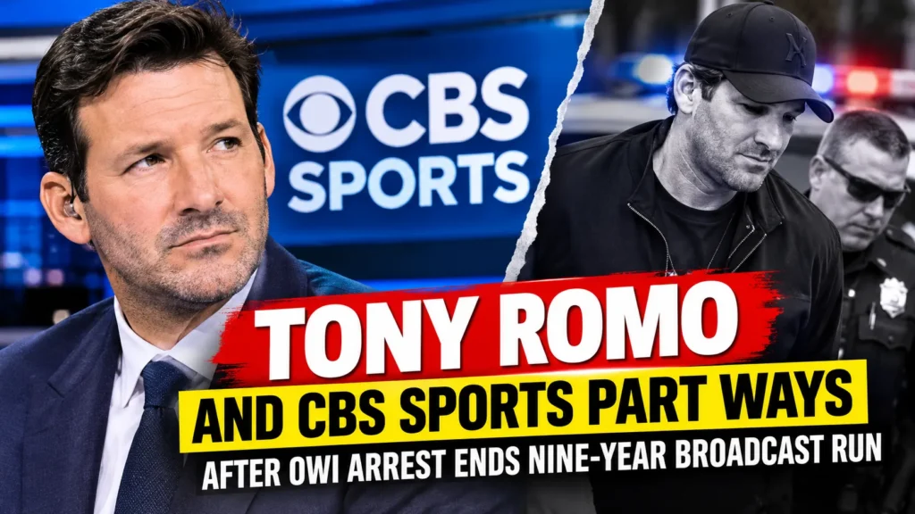 Tony Romo during his CBS Sports broadcasting career as the network ends his nine-year run following an OWI arrest.